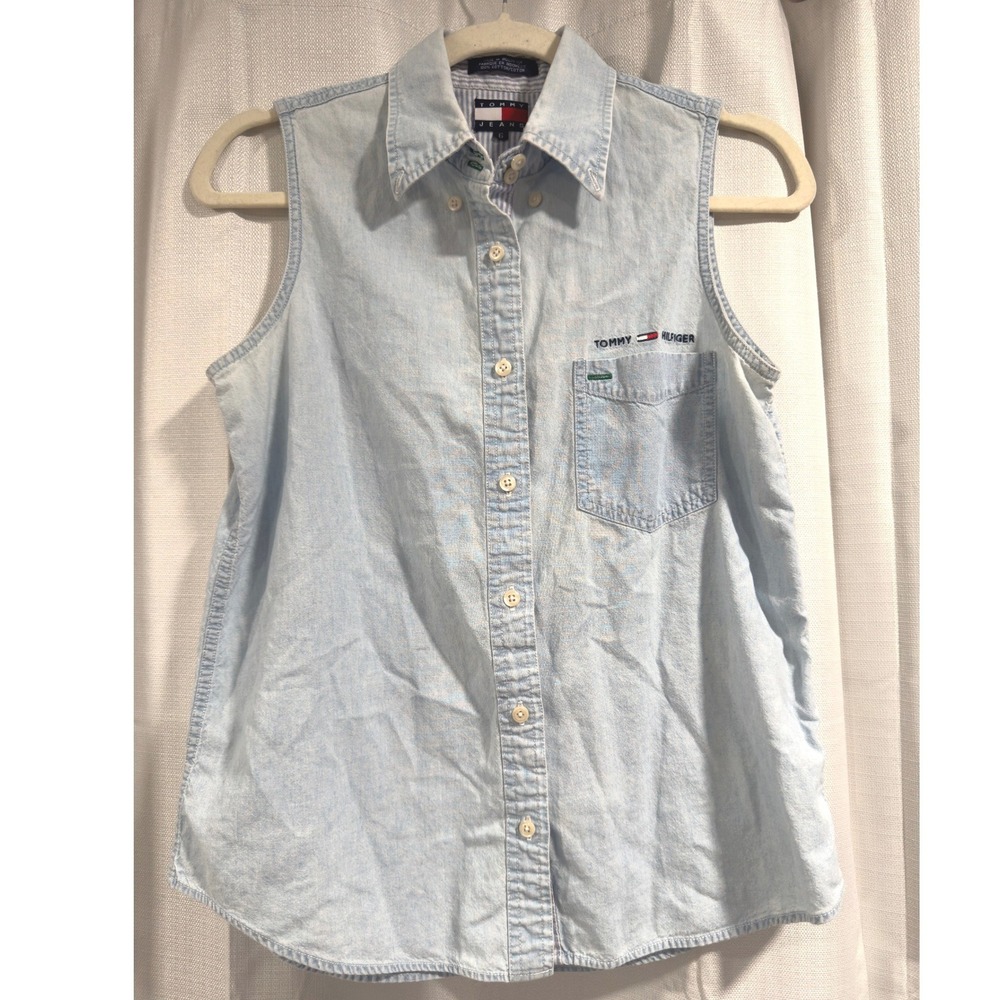 Tommy Jeans Womens Vintage‎ Light Wash Sleeveless Denim Shirt Blue Size 6 Logo